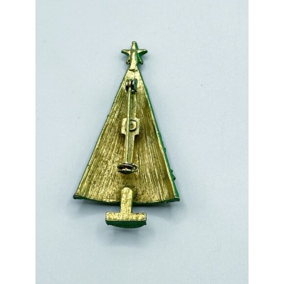Green Enamel Christmas Tree Pin Brooch With Multicolor Ornaments - Picture 2 of 2